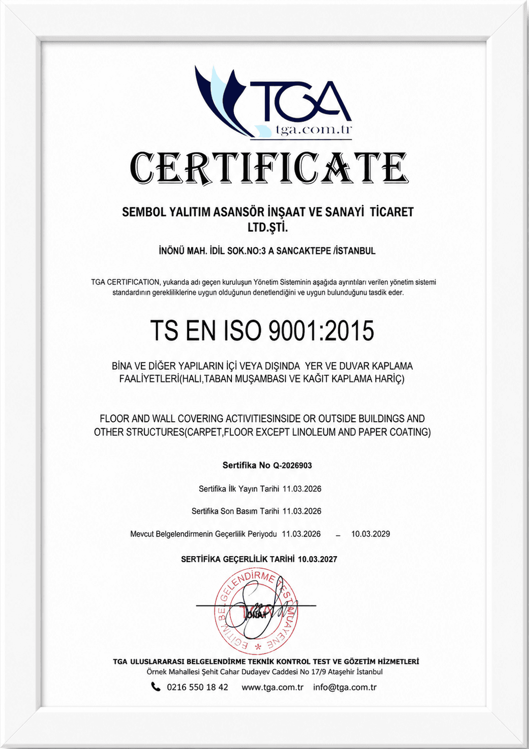 ISO 9001 Kalite Yönetim Sistemi Belgesi